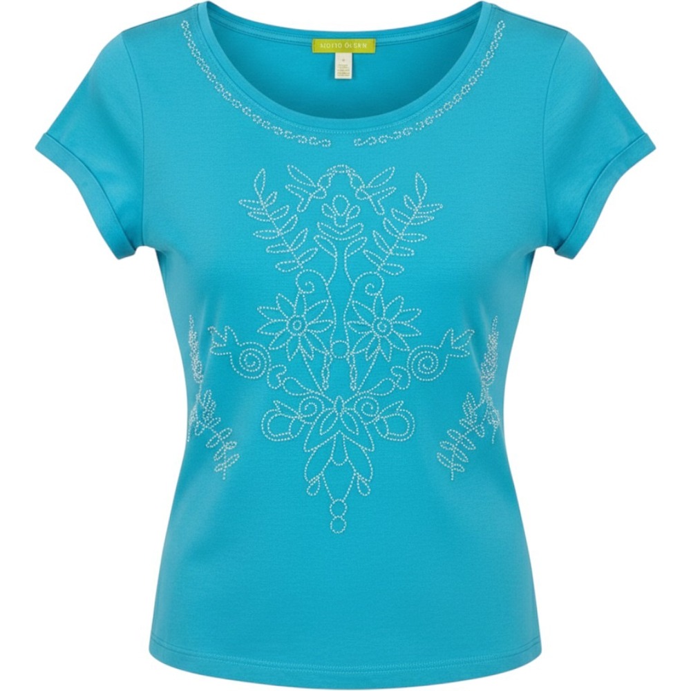 Sigrid Olsen Womens Turquoise Blue Beaded Floral Short Sleeve Scoop Neck Top M